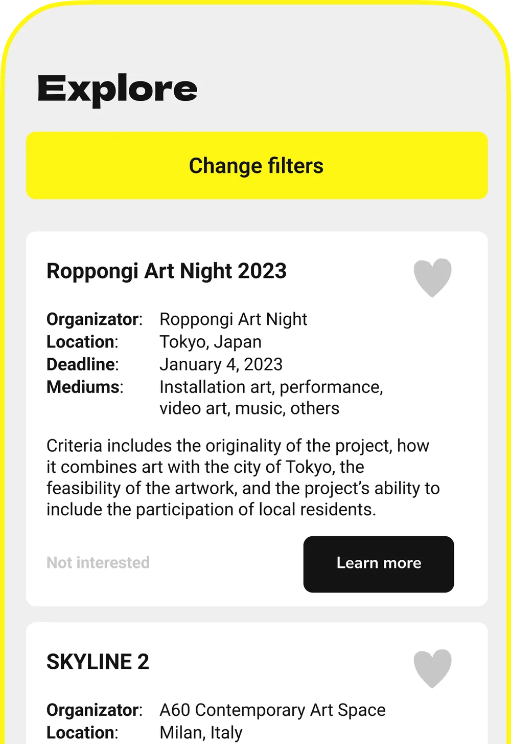 Explore screen with open calls