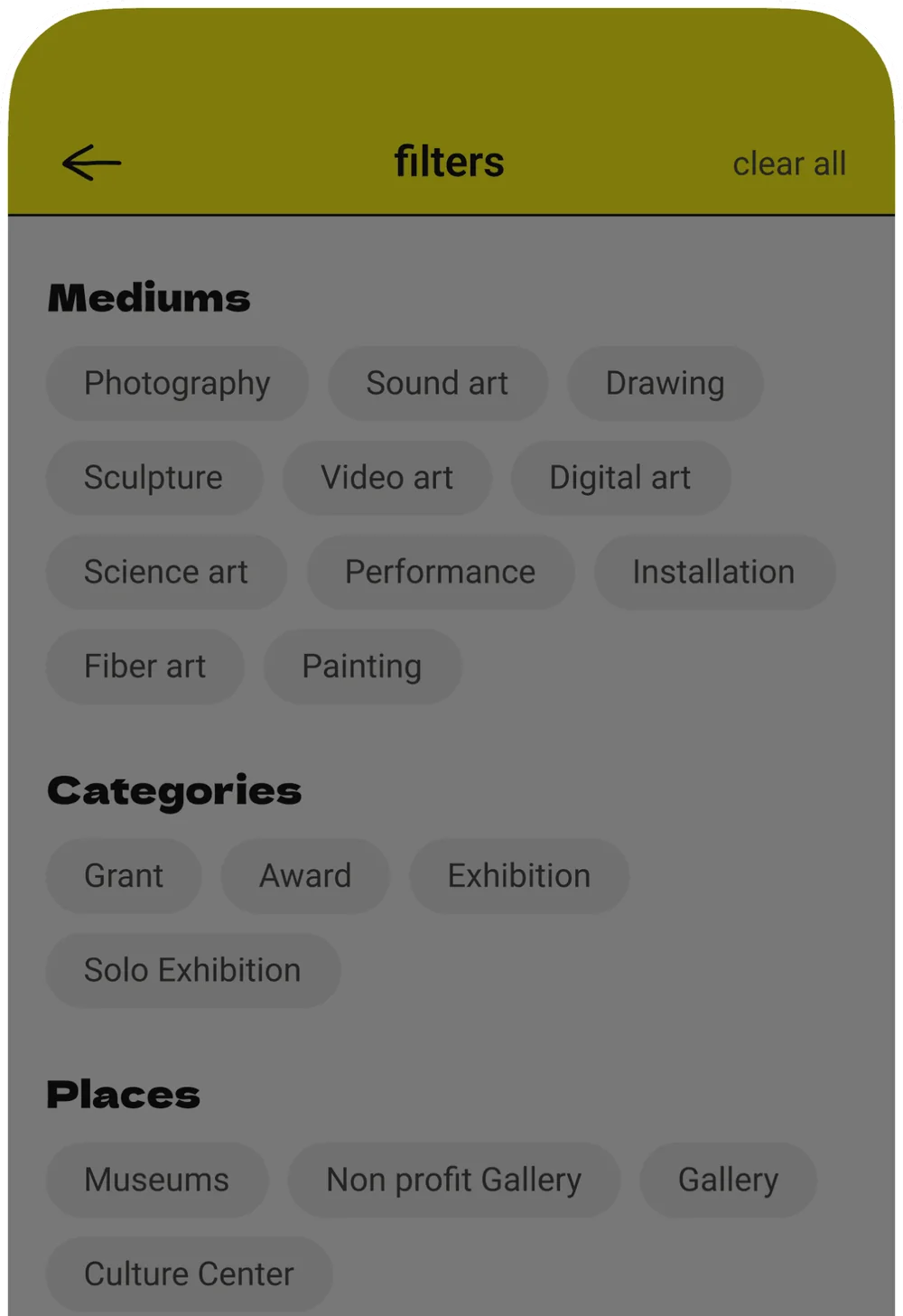 Filters screen