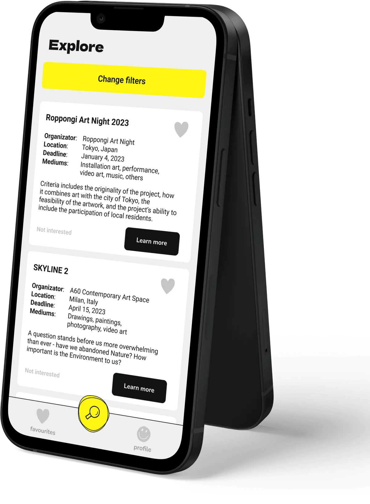 Open Call Finder app — Explore screen